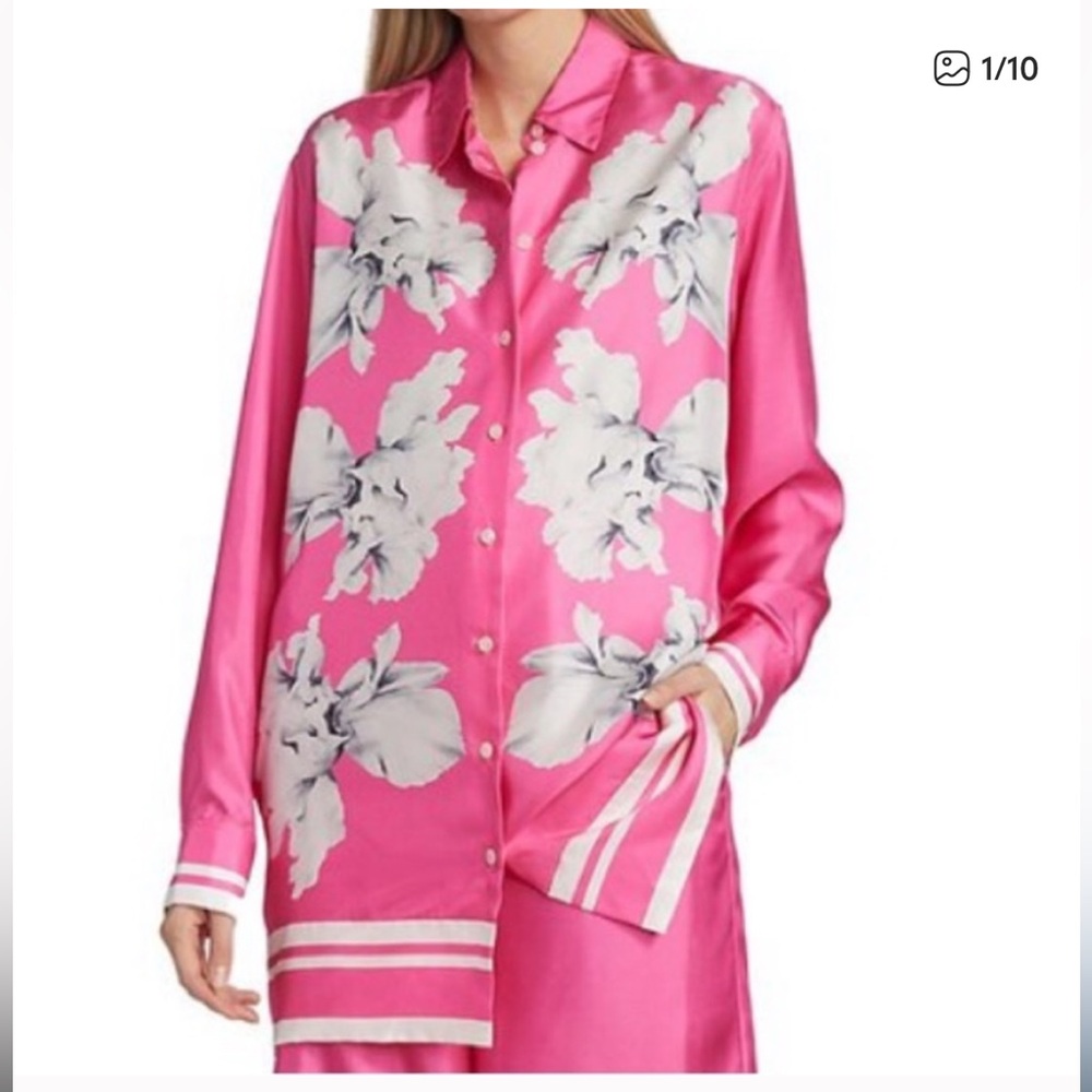 Halston Heritage Pink Floral Satin Button-Up Blouse